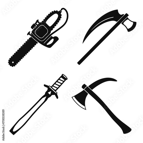 A collection of various cutting tools, including a chainsaw, katana, axe, and scythe, all rendered in a simple black and white vector style