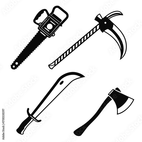 A collection of various cutting tools, including a chainsaw, billhook, axe, and scythe, all rendered in a simple black and white vector style