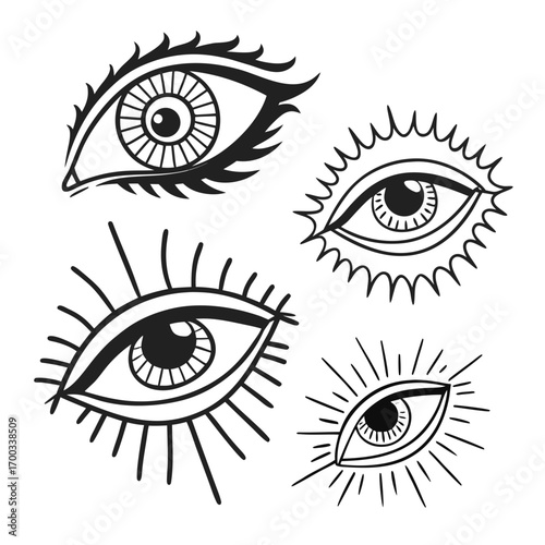 A collection of four stylized eye illustrations, each uniquely designed with varying lash styles and radiating lines, the designs evoke a sense of mystique