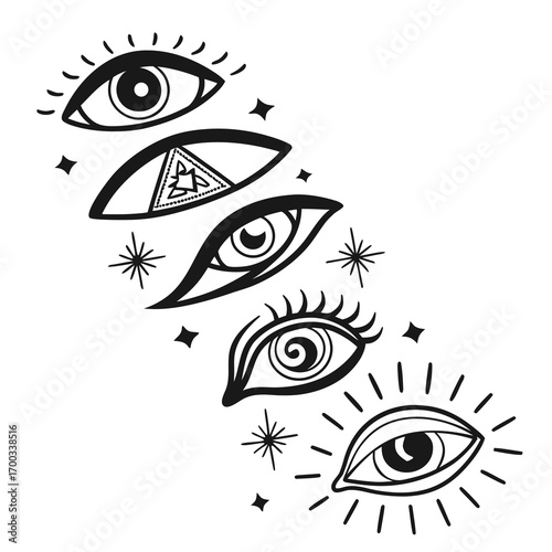 A mesmerizing collection of mystical eye illustrations, each with unique designs and symbolic elements, perfect for spiritual and esoteric themes