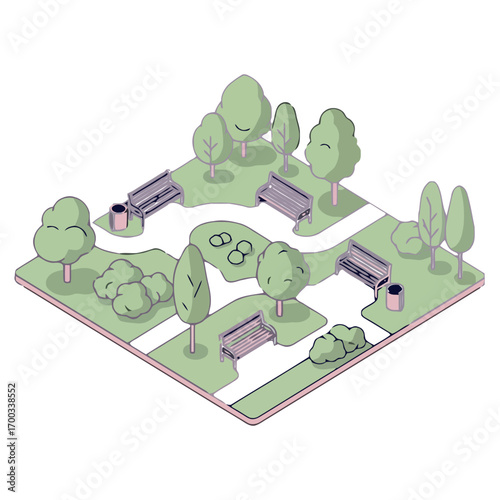 Vector art of isometric park with benches, trees, and paths, offering a peaceful urban oasis for relaxation and recreation