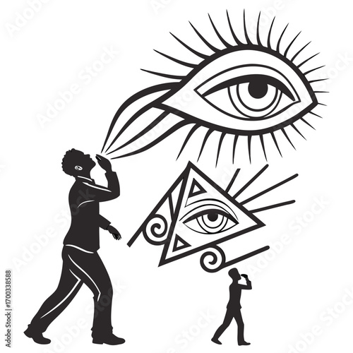 A thoughtprovoking illustration featuring a man seemingly blowing ideas or concepts towards symbolic eyes and pyramids, a visual representation of influence