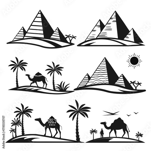 Silhouette of the egyptian pyramids with palm trees and a camel, creating a captivating desert landscape a timeless symbol of ancient civilization