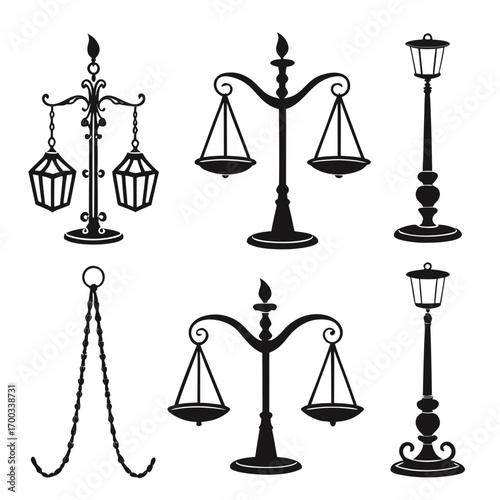 Collection of vintage scales and street lamps set of oldfashioned balance scales and antique street lights in silhouette style, vector illustration
