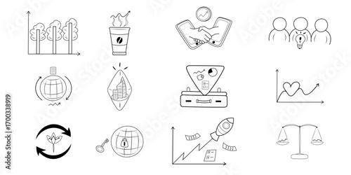 Black and white set of minimalistic abstract icons symbolizing various aspects of modern business and esg standards. Template for websites, presentations and infographics.