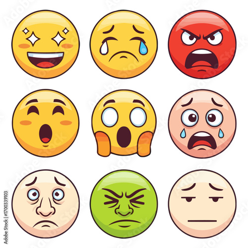 Vector art of a collection of nine different cartoon emoji faces with different expressions they show a range of emotions