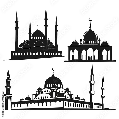 Set of mosque silhouettes showcasing the architectural diversity and cultural significance of islamic places of worship, perfect for ramadan designs