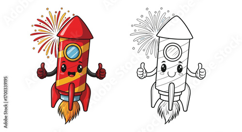 New Year Fireworks Rocket Character Coloring Page Festive Fun Activity for Kids