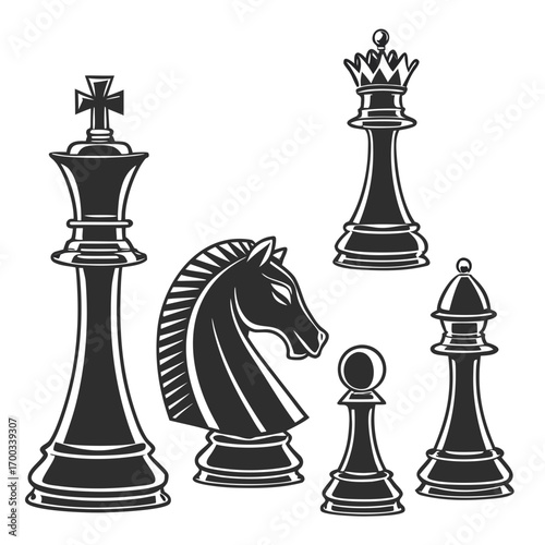 Monochrome illustration featuring a king, queen, knight, and pawn chess pieces, showcasing a strategic game and intellectual challenge vector design
