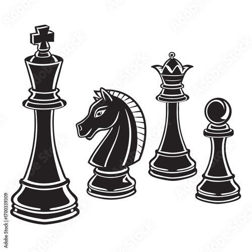 Monochrome vector illustration featuring a set of chess pieces, including the king, queen, knight, and pawn, , showcasing strategic game elements