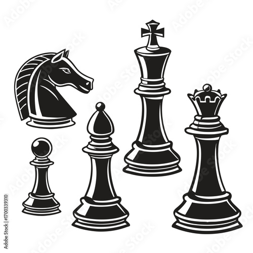 Monochrome illustration featuring a king, queen, knight, and pawn chess pieces, showcasing a strategic game and intellectual challenge vector design