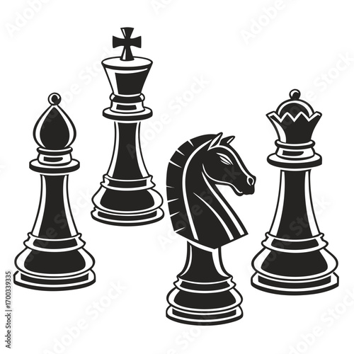 Monochrome vector illustration featuring a set of chess pieces, including a bishop, king, knight, and queen, arranged together