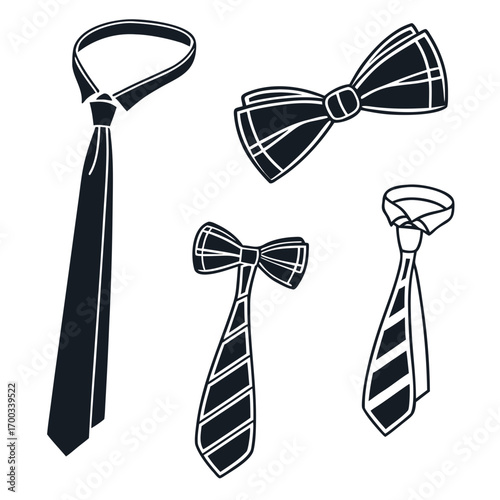 Illustration of four different ties two bow ties and two neckties, perfect for fashion, design, or creative projects