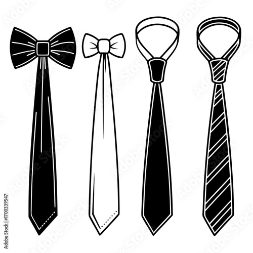Illustration of four different ties two bow ties and two neckties, perfect for fashion, design, or creative projects
