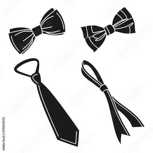 A sophisticated collection featuring four distinct neckwear options two classic bow ties and two elegant ties, all rendered in a sleek, minimalist black silhouette style