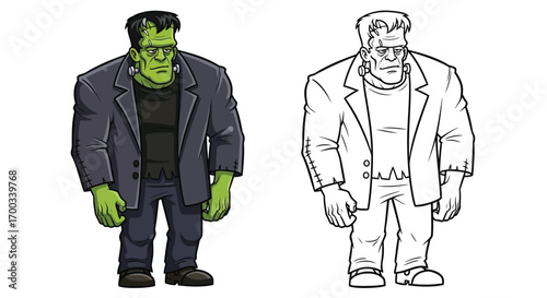 Frankenstein Monster: A vibrant illustrated rendering of the iconic monster, presented in both color and line art, embodying the essence of classic horror.