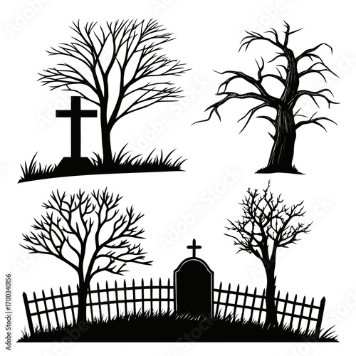 Collection of spooky halloween cemetery silhouettes with bare trees and gravestones on white background