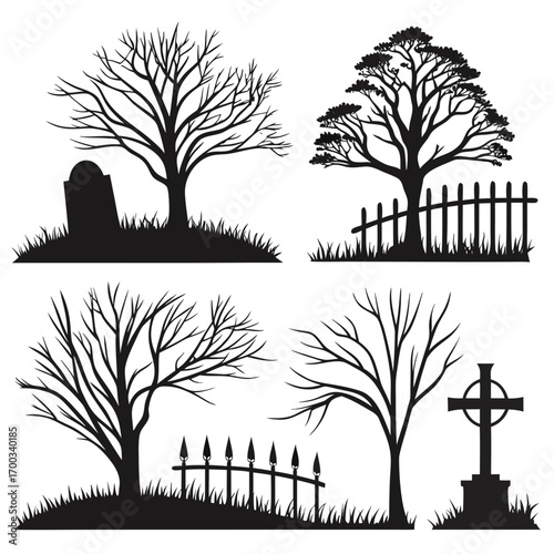 Collection of spooky black silhouettes of bare trees tombstones fences and grass on white background