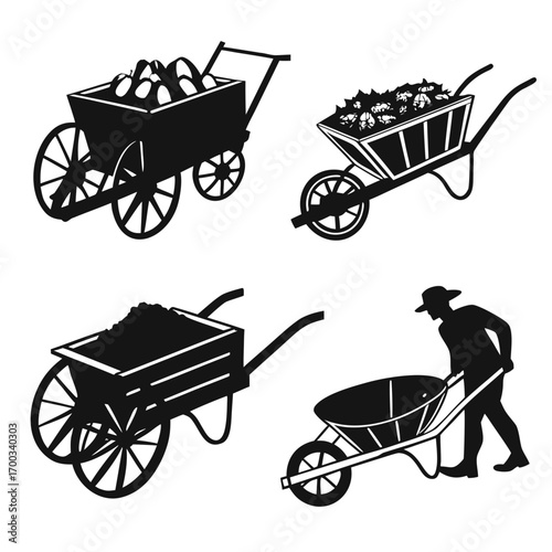 Collection of stylized black silhouette icons representing wheelbarrows filled with various materials and a farmer