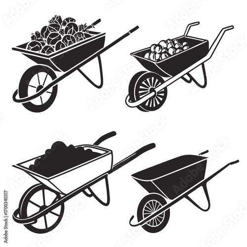 Collection of four black and white silhouette illustrations of wheelbarrows filled with garden produce and soil