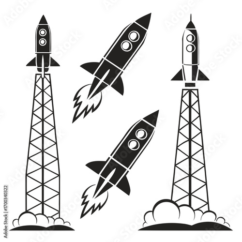 Black silhouette rockets launching from towers with smoke and flames on white background