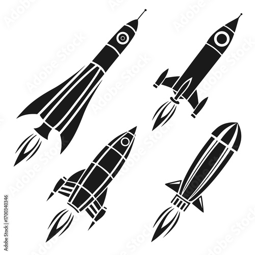 Retro style black silhouettes of four different rockets launching into space with flames