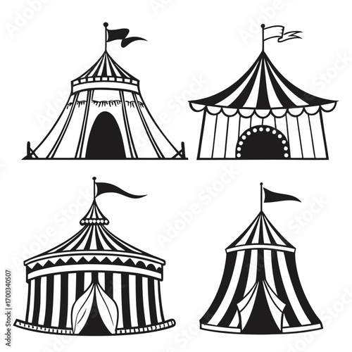 Collection of four stylized black and white circus tents with flags on white background