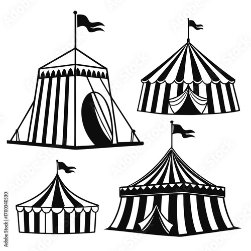 Collection of four black and white silhouette circus tents with flags on white background