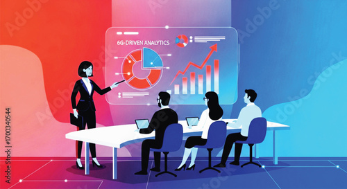 A flat design illustration depicts a business presentation on 6G-driven analytics. EPS Vector