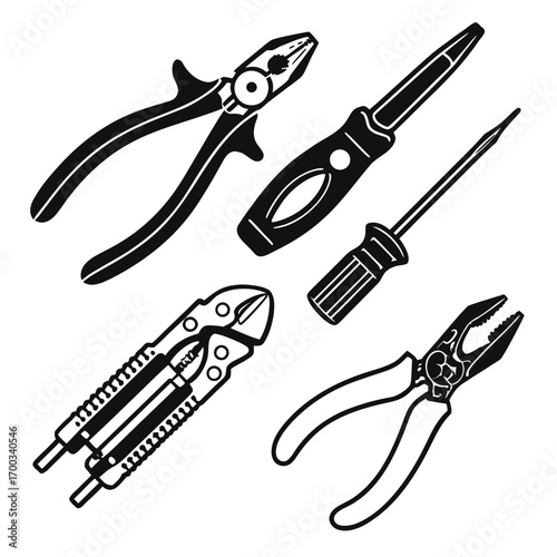 Collection of black and white silhouette illustrations of various hand tools including pliers and screwdrivers