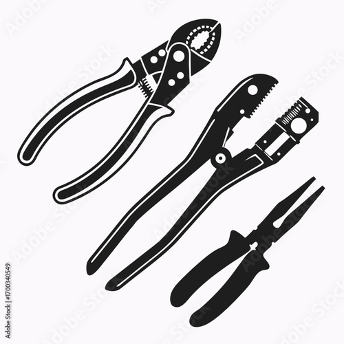 Collection of black silhouette pliers and gripping tools on a white background