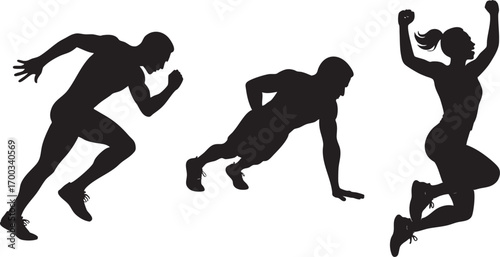 Fitness Silhouettes Running, Pushups, and Jumping for Health