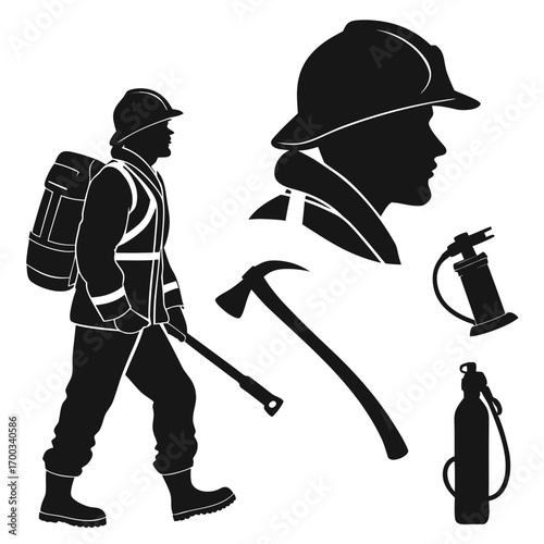 Silhouette of a firefighter with equipment including an axe helmet and oxygen tank