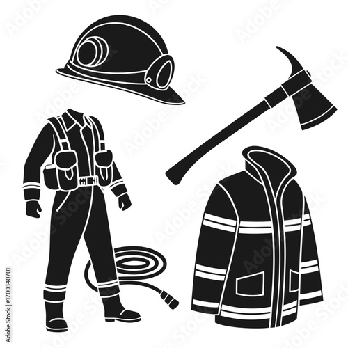 Collection of firefighter equipment and uniform elements including helmet axe jacket pants and hose