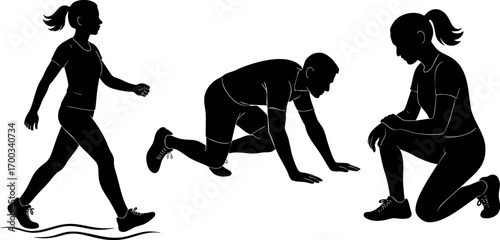 Fitness Exercise Sequence Silhouettes of Walking, Bear Crawl, and Kneeling Poses