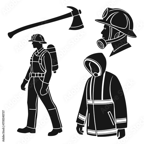 Collection of firefighter silhouettes in protective gear including axe helmet and breathing apparatus