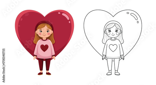 Girl Wearing Heart Costume Coloring Page Cute Valentine's Day Themed Dress Up