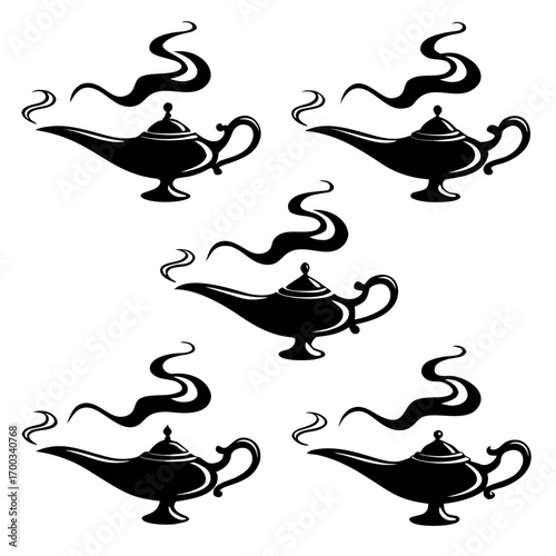 Black silhouette of a magical genie lamp with swirling smoke on a white background