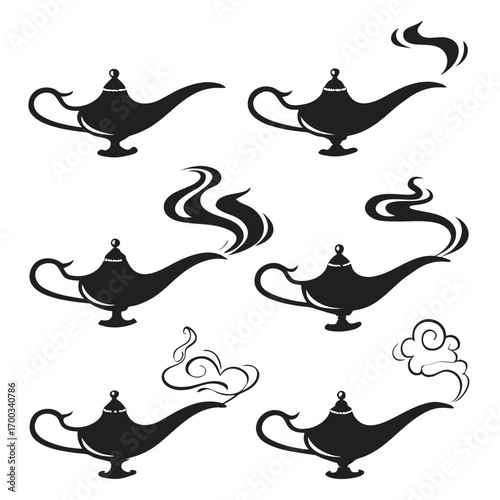 Collection of black silhouette magic genie lamps releasing smoke and swirls on white background