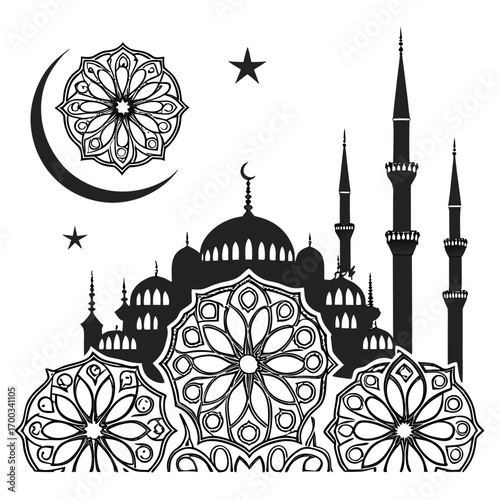 Islamic mosque silhouette with crescent moon stars and intricate mandala designs