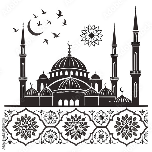 Silhouette of a grand mosque with minarets crescent moon and flying birds above decorative border