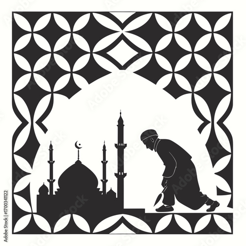 Silhouette of a muslim man praying in front of a mosque with intricate geometric islamic architectural elements