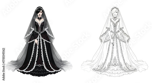 Halloween Gothic Bride with Veil Coloring Page Black White Spooky Themed Illustration