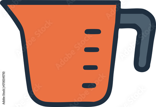 Measuring cup with handle and marked lines for liquid volume in flat style
