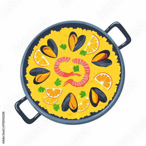 Spanish Paella Top-Down: A vibrant and delicious Spanish paella, bursting with fresh seafood and citrus, awaits in a photorealistic, top-down view, promising a feast for the senses.