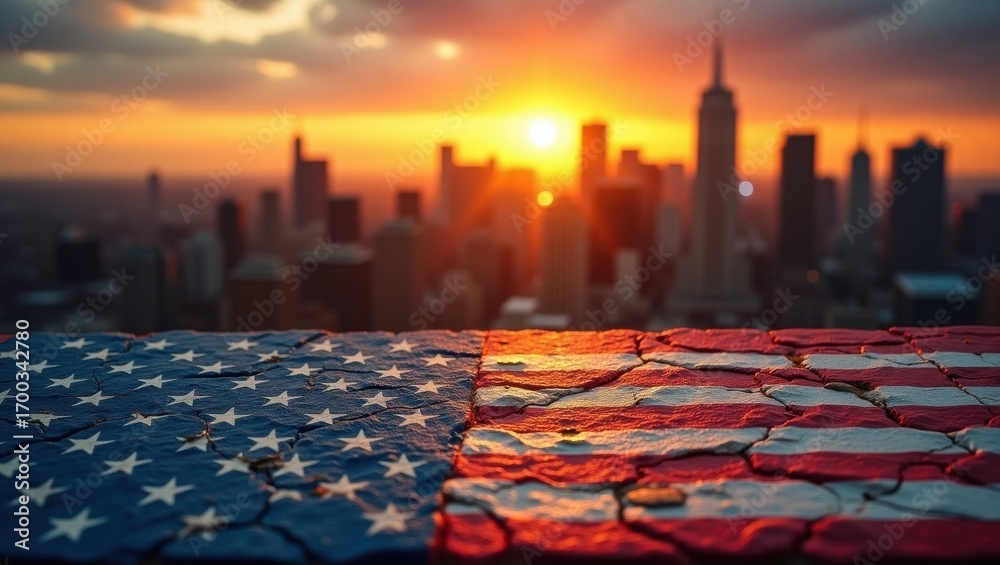 Fototapeta premium American Flag Draped Before City Skyline at Glowing Sunset Moment