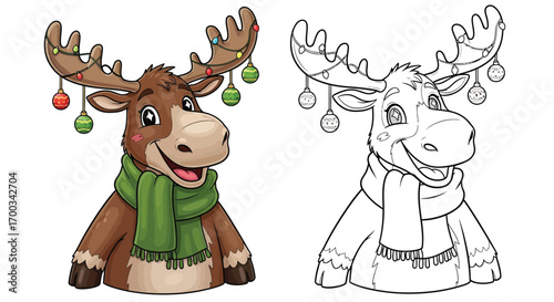 Holiday Moose Character Coloring Page with Color and Outline Versions Festive Fun