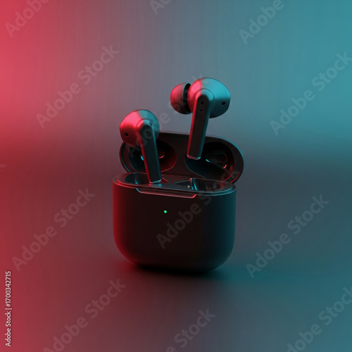 Sleek wireless earbuds in charging case, illuminated by vibrant neon red and blue studio lighting, representing modern audio technology and seamless connectivity for today's mobile lifestyle.