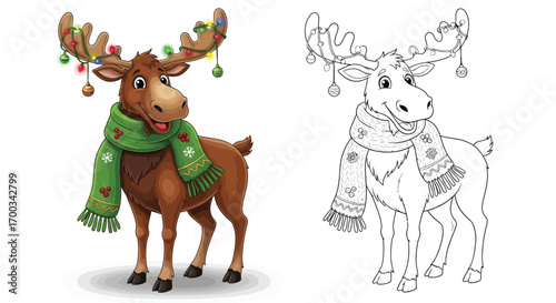 Festive Holiday Moose Character Coloring Page with Color and Outline Versions Fun