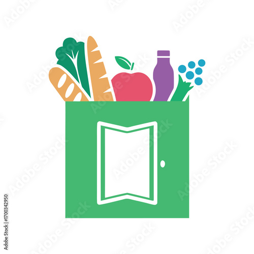 Green grocery bag filled with colorful food items and a white open book graphic shopping